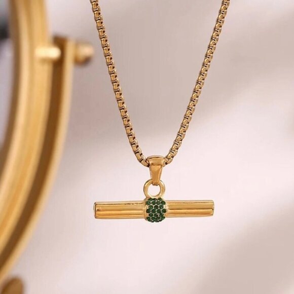 New Bar Pendant Necklace 18K Gold Plated Rhinestone Contemporary Minimalist - Picture 2 of 10